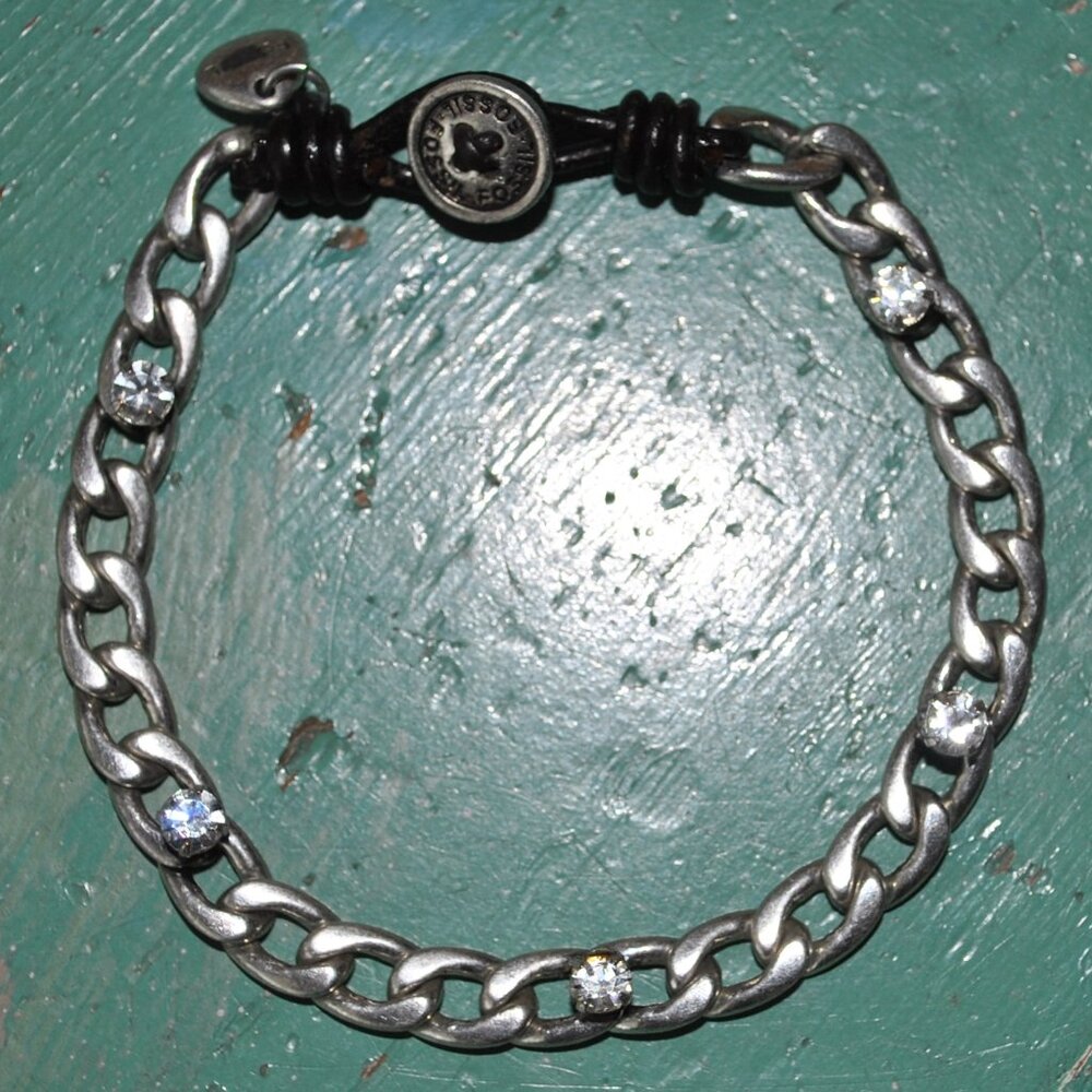 Fossil bracelet silver link with clear rhinestones